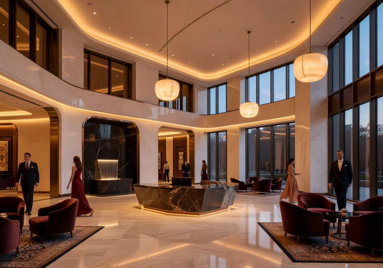 Elegant luxury casino hotel lobby with soft amber lighting and modern architecture